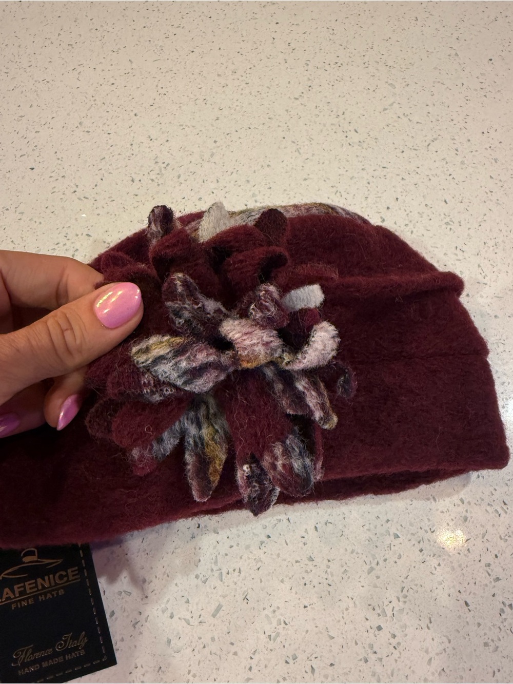 Plum Flower Accent Wool Cloche Hat